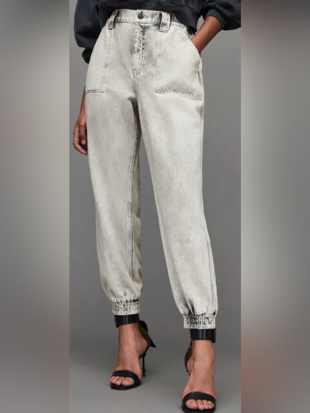 AllSaints Dani High Rise Denim Joggers Gray Acid Wash Utility Jeans Size US 4